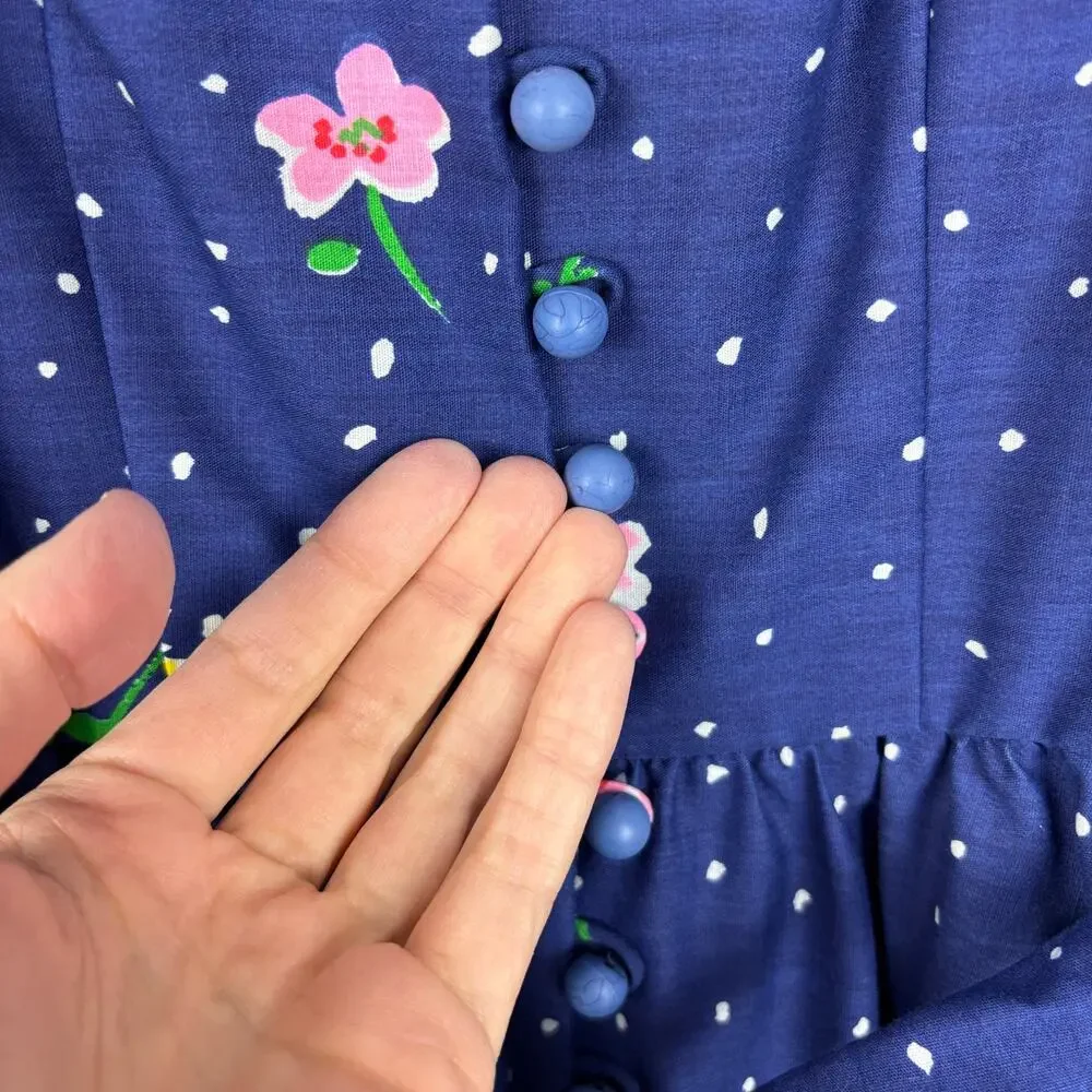 Vintage Chiha Blue Floral Midi Maxi Dress USA polyester/cotton 8 (see measures)